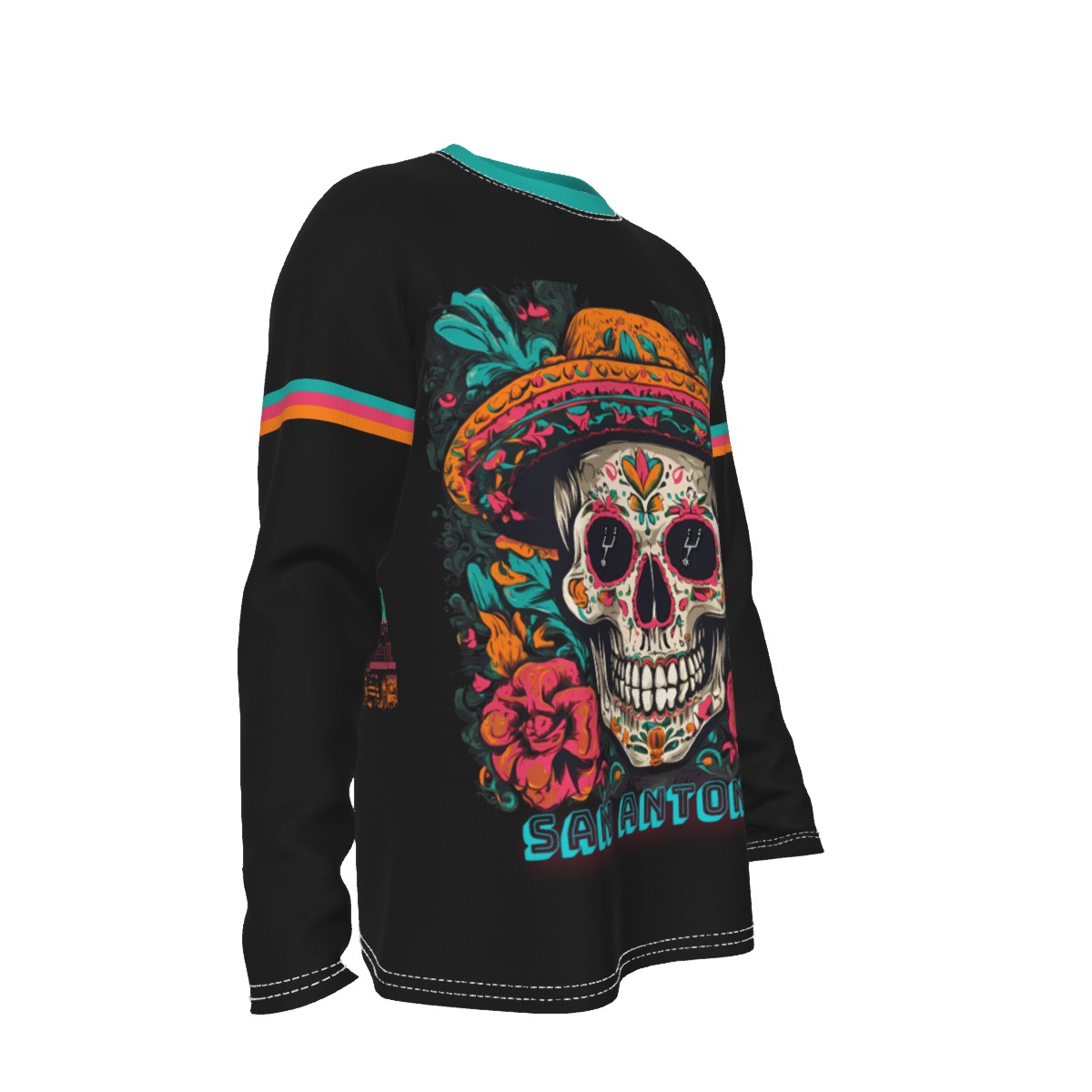 San Antonio Spurs Basketball Skull Long Sleeve T-Shirt - Image 3